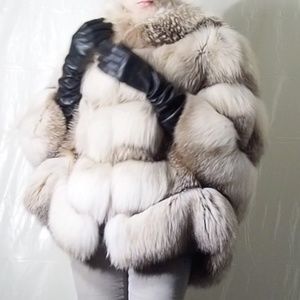 Real Fox Fur 3/4 Crop Sleeve Natural Women's Warm Winter Furcoat